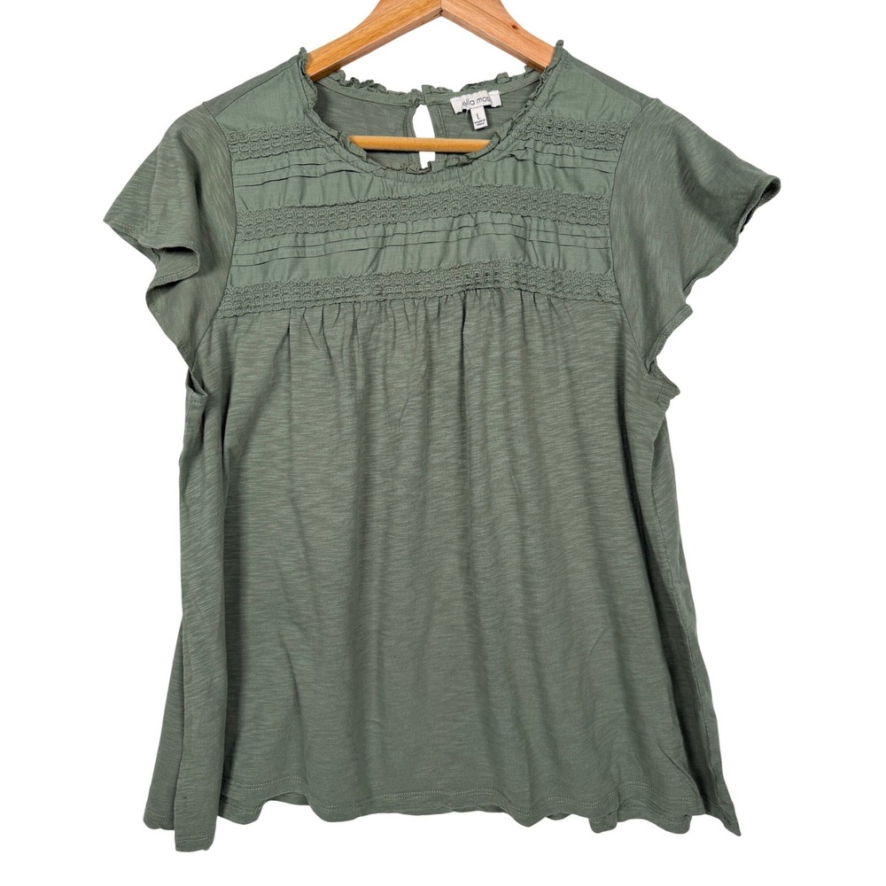 Ella Moss Top Womens L Green Boho Crochet Trim‎ Pleated Ruffle Flutter Sleeve